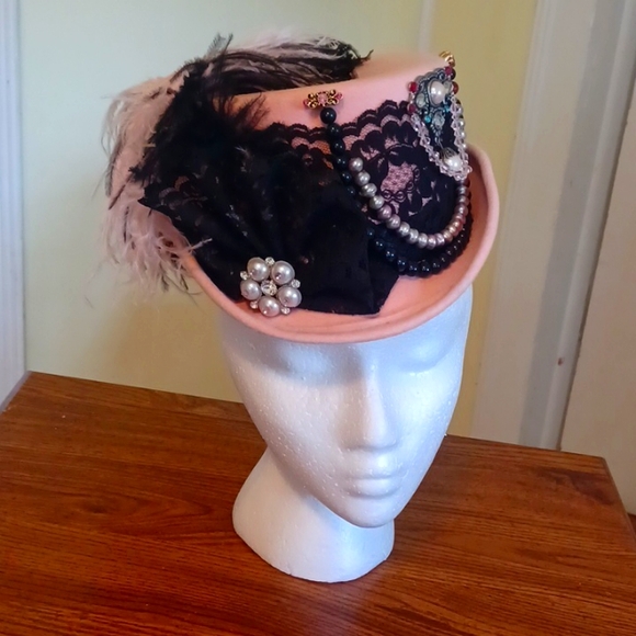 Pink and black felt top hat Rocco Lolita steampunk romanigoth Burlesque - Picture 2 of 8